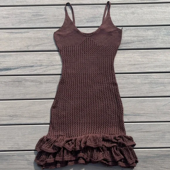 Brown Fishnet; Slip On; Swim Cover Dress; Spaghetti Straps; Ruffled Bottom; L - Picture 3 of 10